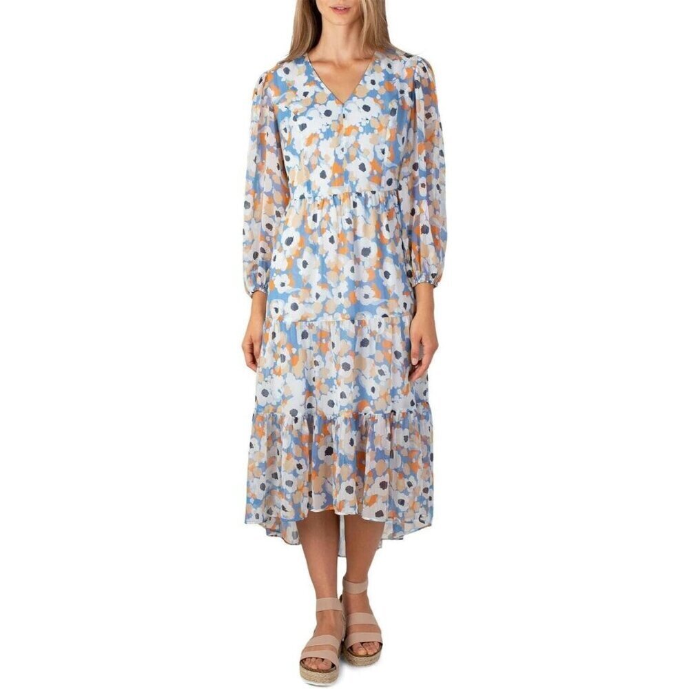 Joie Maxi Dress Womens L Tiered Floral Fields Hi low Cottagecore Puffed Sleeves‎